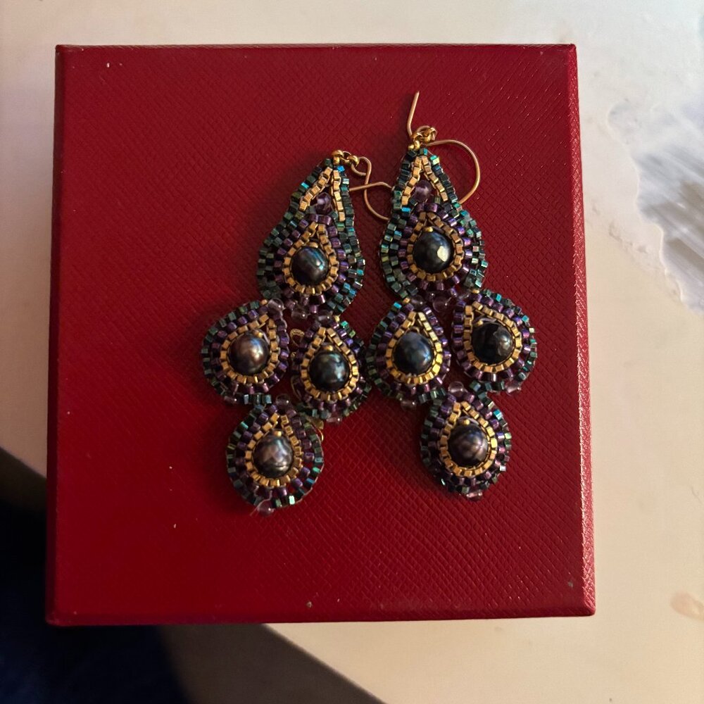 Beaded Peacock Feather Handmade Earrings